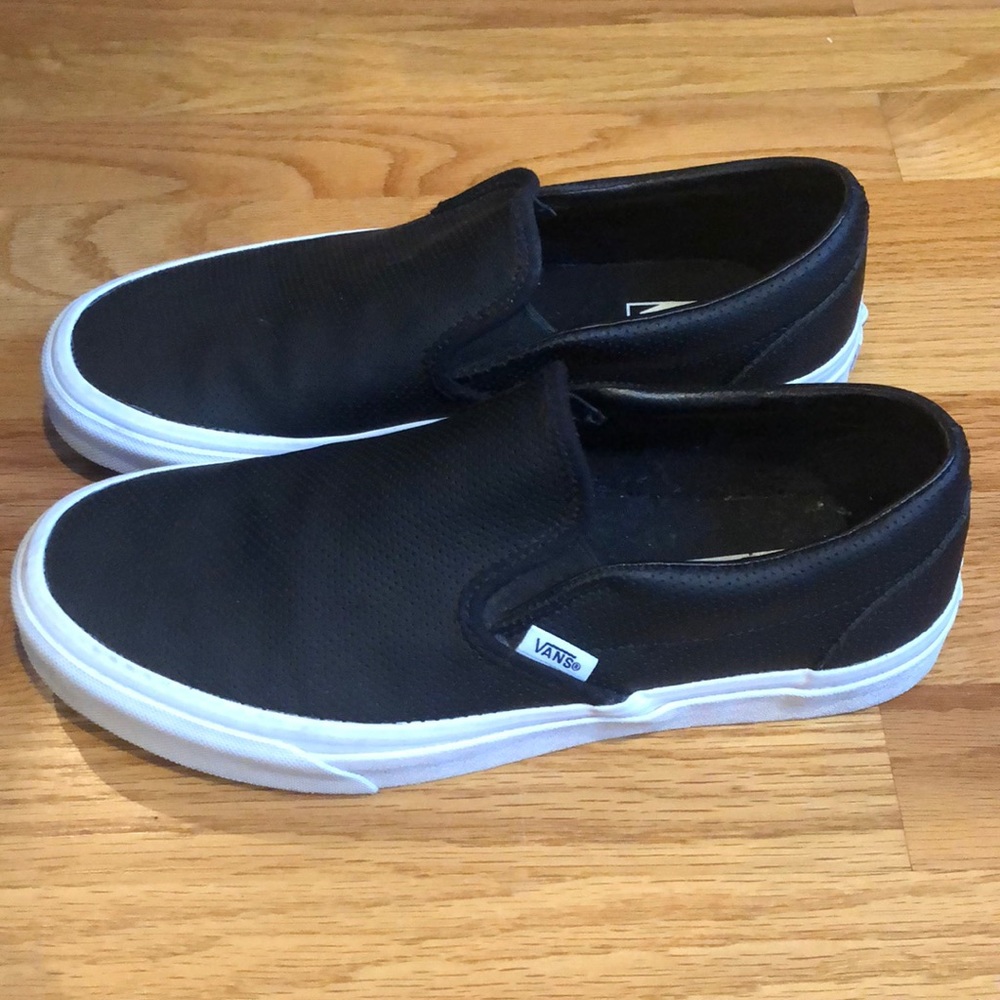 Vans Black Leather Perf Slip Ons